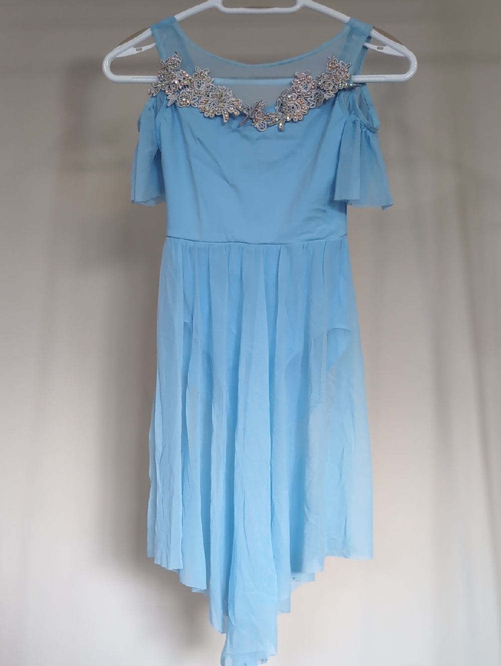 Light Blue Cold-Shoulder Chiffon Dress with Beaded Neckline